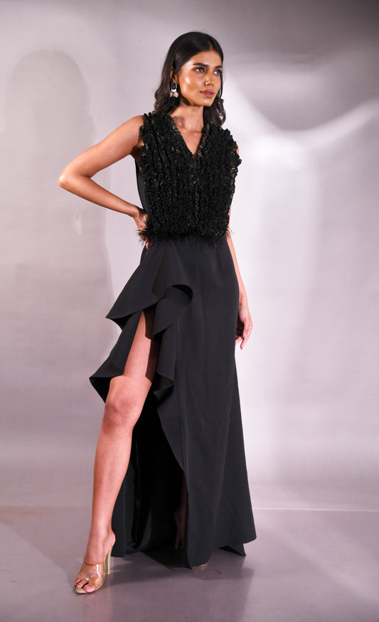 GEODE RUFFLED LONG DRESS